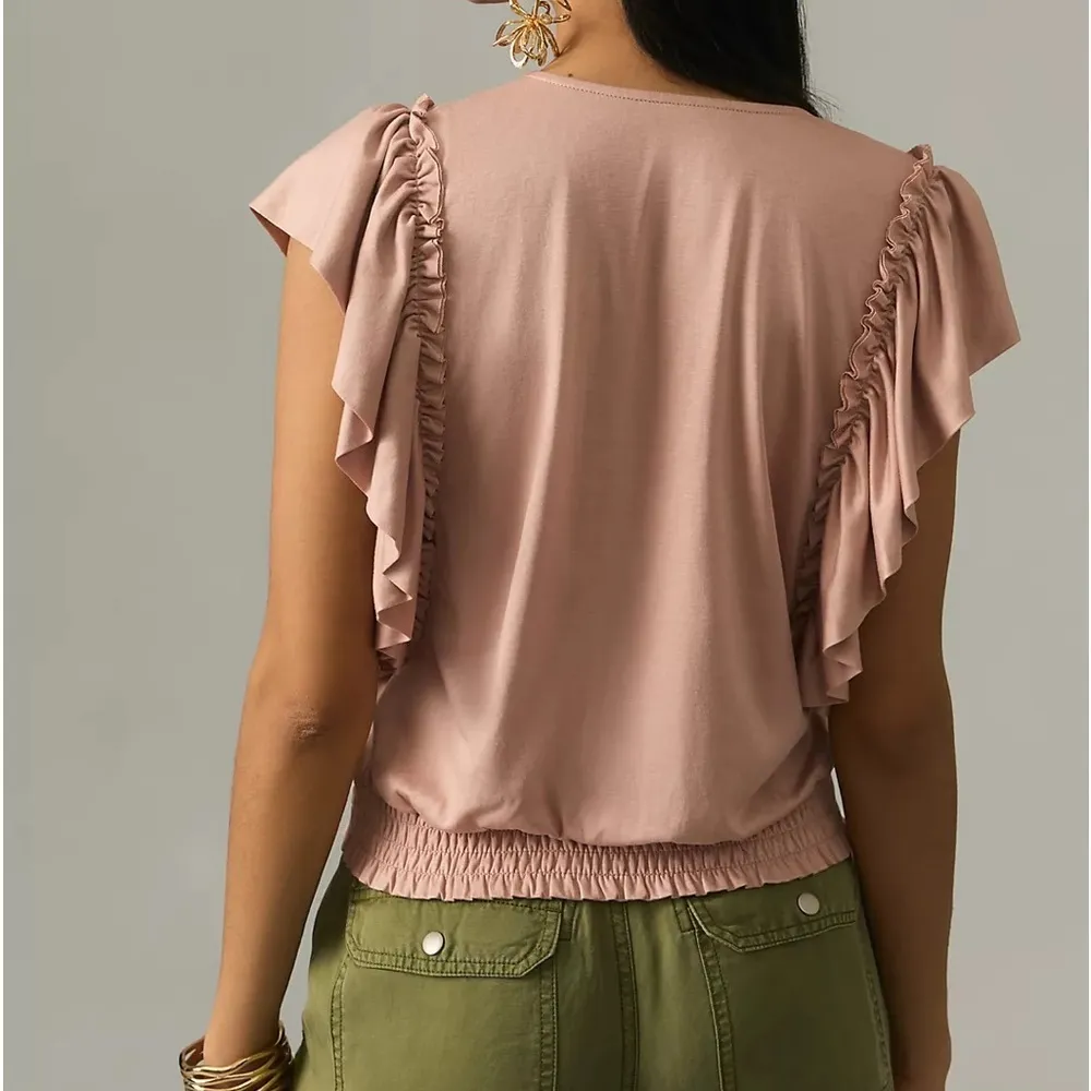 ANTHROPOLOGIE size 2X plus neutral silky deep v-neck top elastic waist ruffles - Image 3