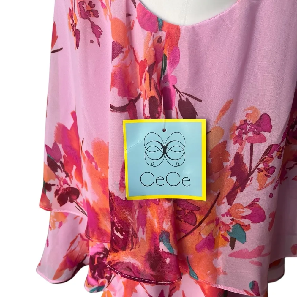 NWT, CeCe High Neck Sleeveless Side Tie Floral Print Tiered Blouse, Sz M - Image 13