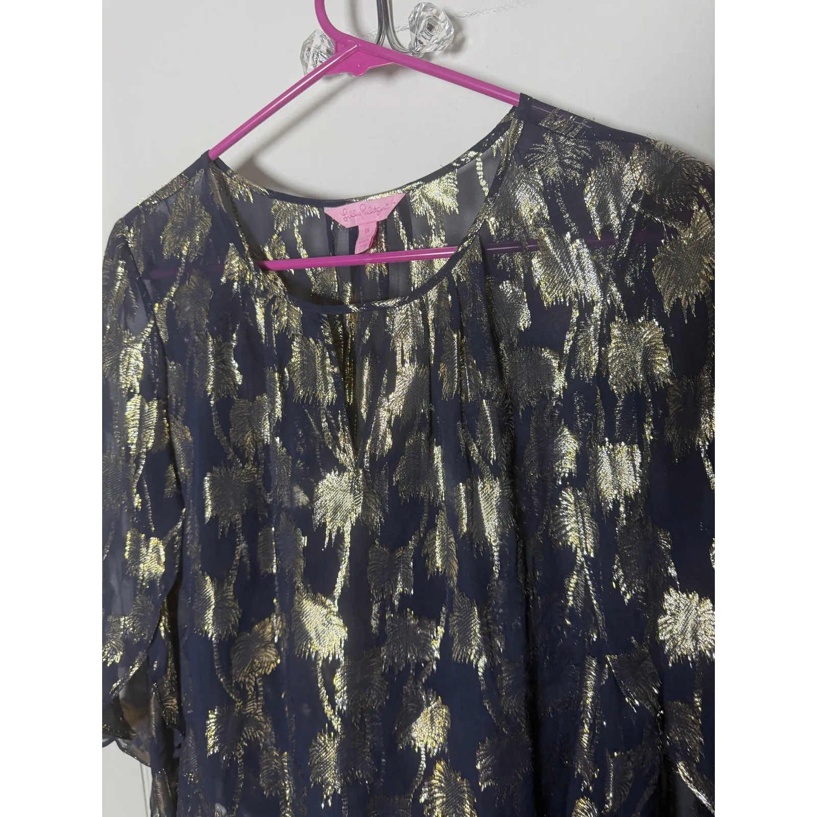 Lilly Pulitzer Beccer Silk Clip Top Navy Blue Gold Blouse Top Women's XS - Image 4