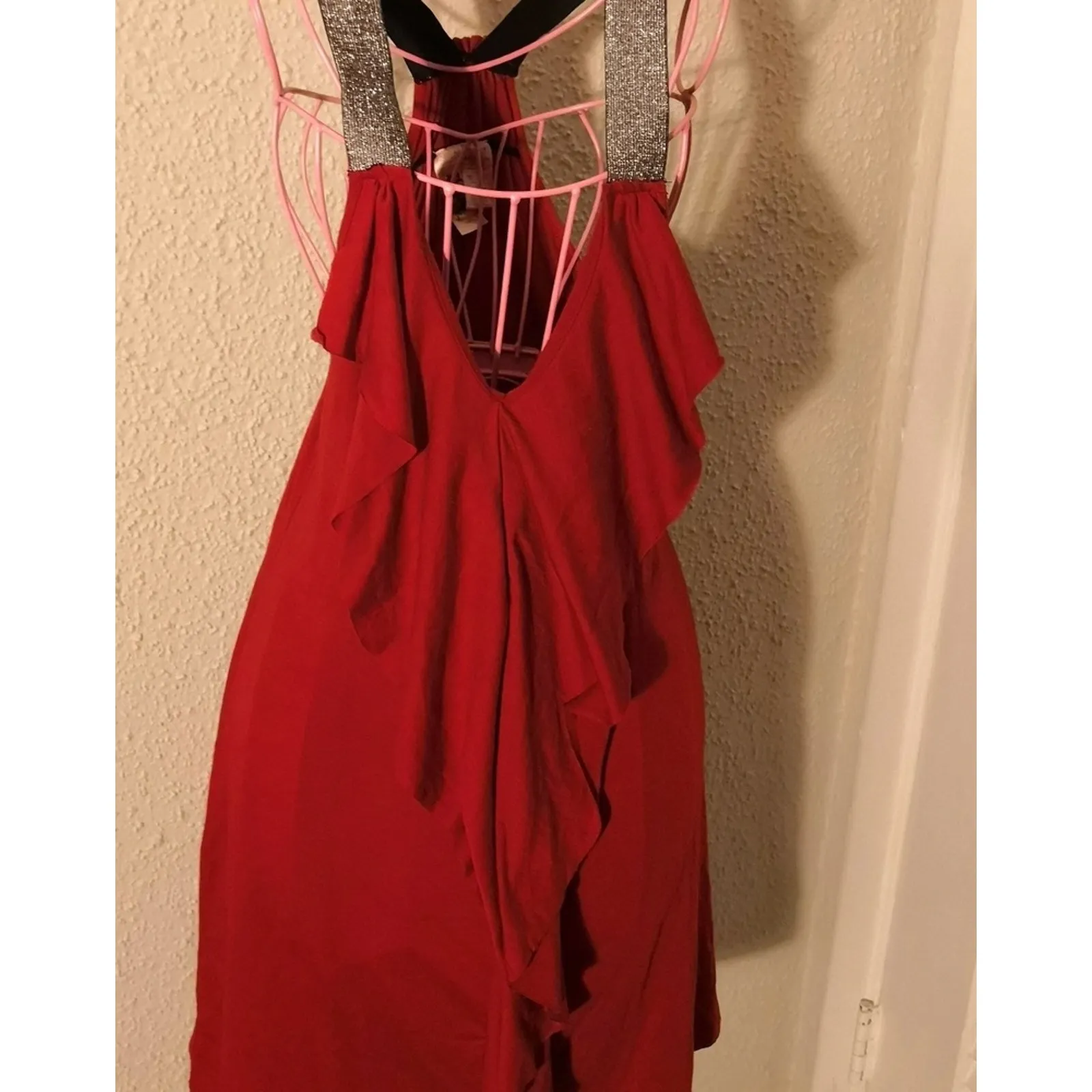 Esther Red/Silver Sleeveless Ruffled Racerback Mini Dress L Boho Coquette Girl Red Size L - Image 3