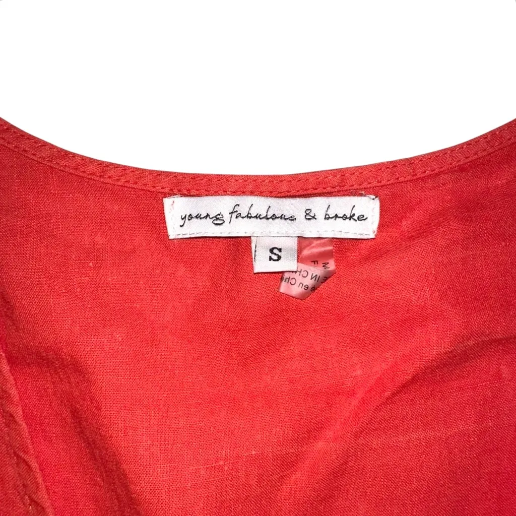 Young Fabulous & Broke High Tea Linen Blend Cut Out Puff Sleeve Midi Dress SMALL - Image 5