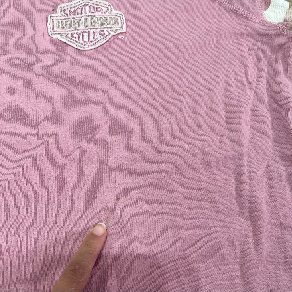Harley Davidson Baby Pink Camo Sleeves Top Women M Boxy Shirt Y2K Grunge Biker - Image 5