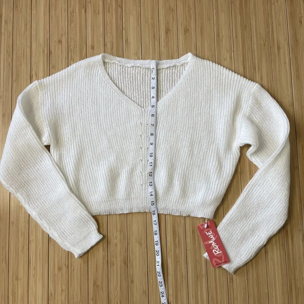 Romwe Womens Small White Cropped Knit Top Long Sleeve V Neck Sweatshirt - Image 4