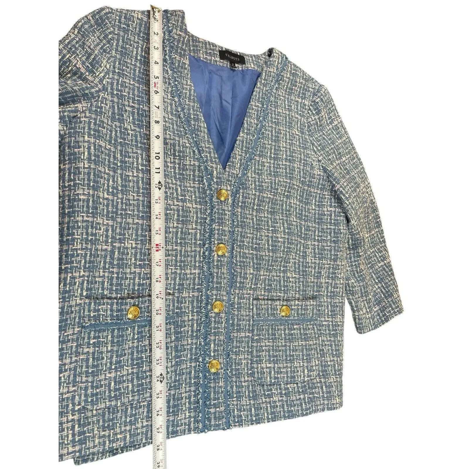Talbots Women’s 14 Blue Tweed Button Up Blazer Jacket Lined Gold Buttons Bouclé - Image 8