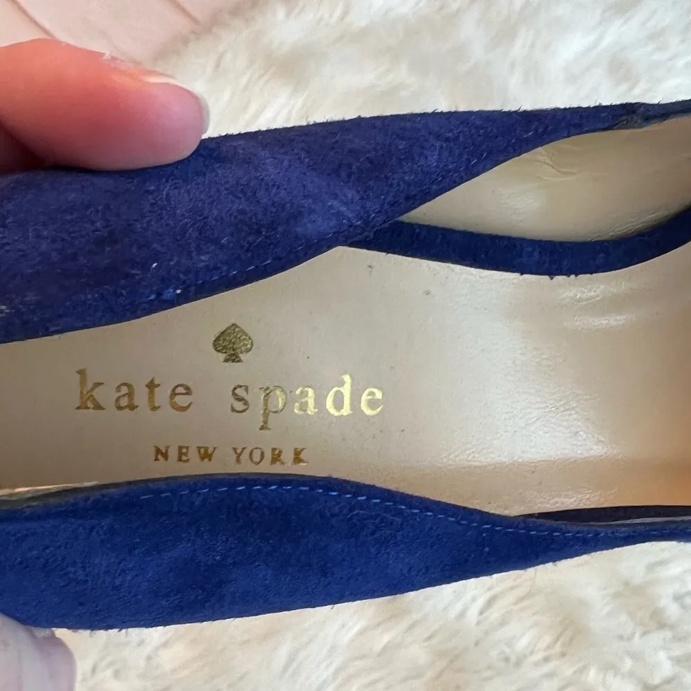 Kate Spade Heels | New York Dreamer Blue Suede Heart Peep Toe Pumps Size 8 1/2 B - Image 4