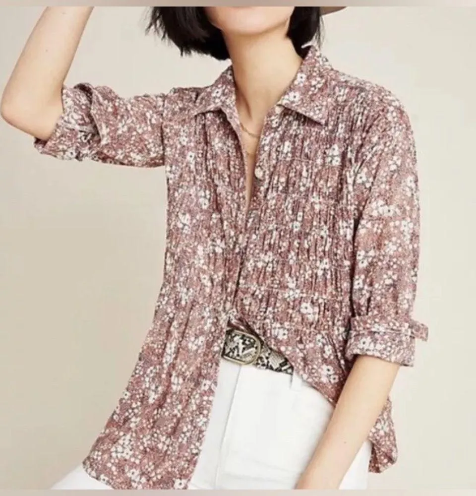 Pilcro by Anthropologie Pink Sasha Smocked Long Sleeve Button Down Top Women’s S - Image 2