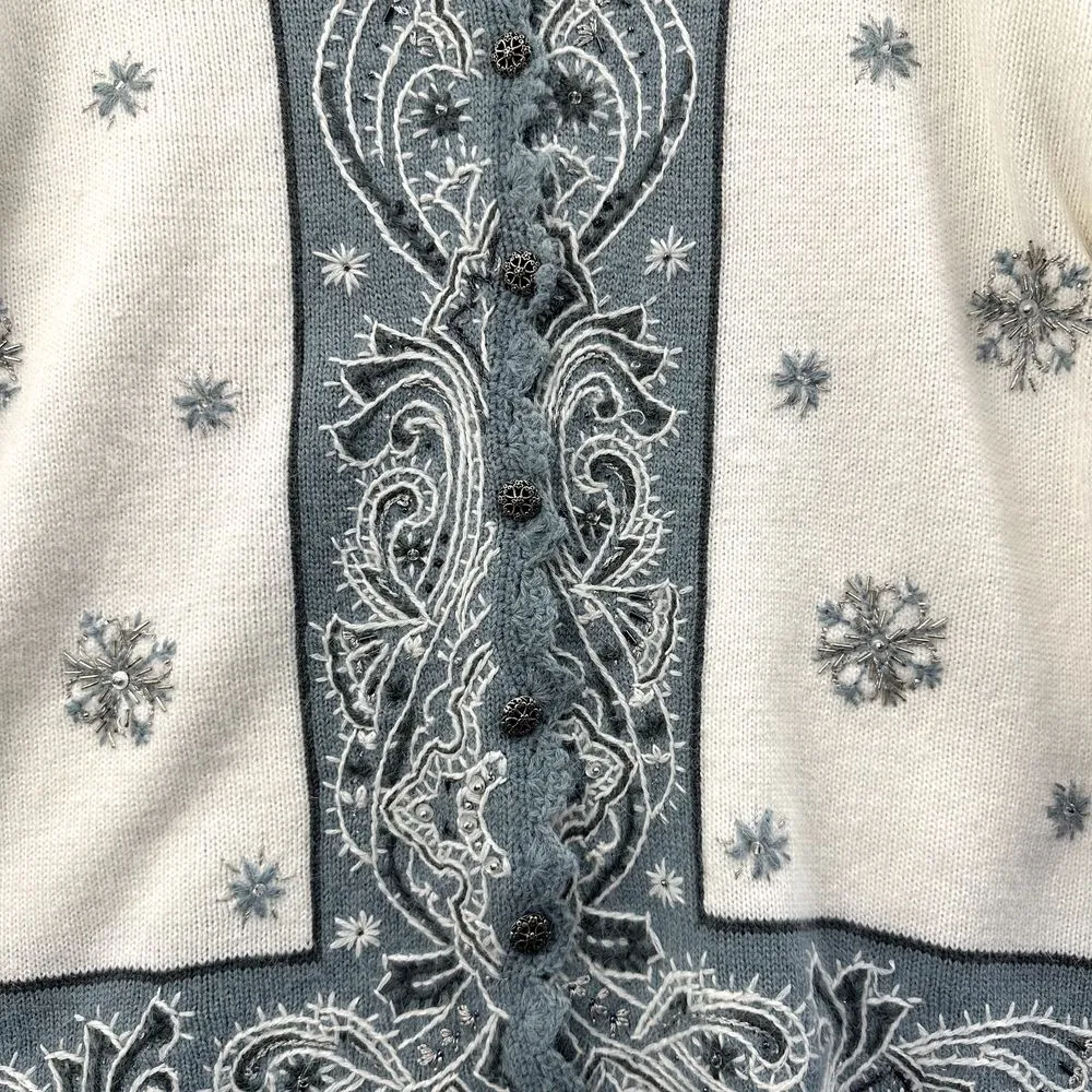 Vintage Koret Knit Cardigan Sweater Snowflakes Holiday Sequin Embroidered W LP White Size undefined - Image 2