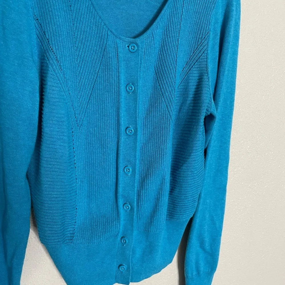 CAbi 3169 Blue Ribbed Button Front Cardigan Scoop Neck Small - Image 3