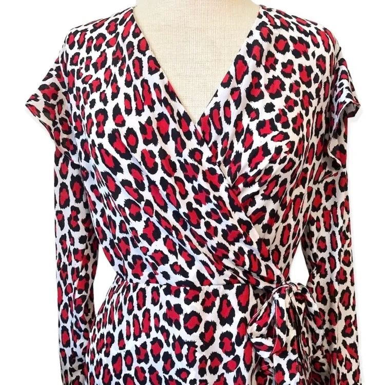 Robert Rodriguez Leopard Lena Wrap Dress White Black Red Long Sleeve Tie Ruffle - Image 4