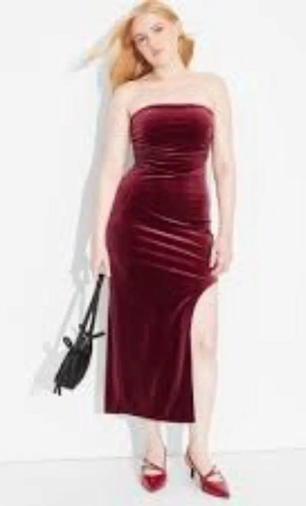 Wild Fable Ruched Velvet Strapless Midi Dress Deep Red Thigh Slit Size M NWT - Image 3