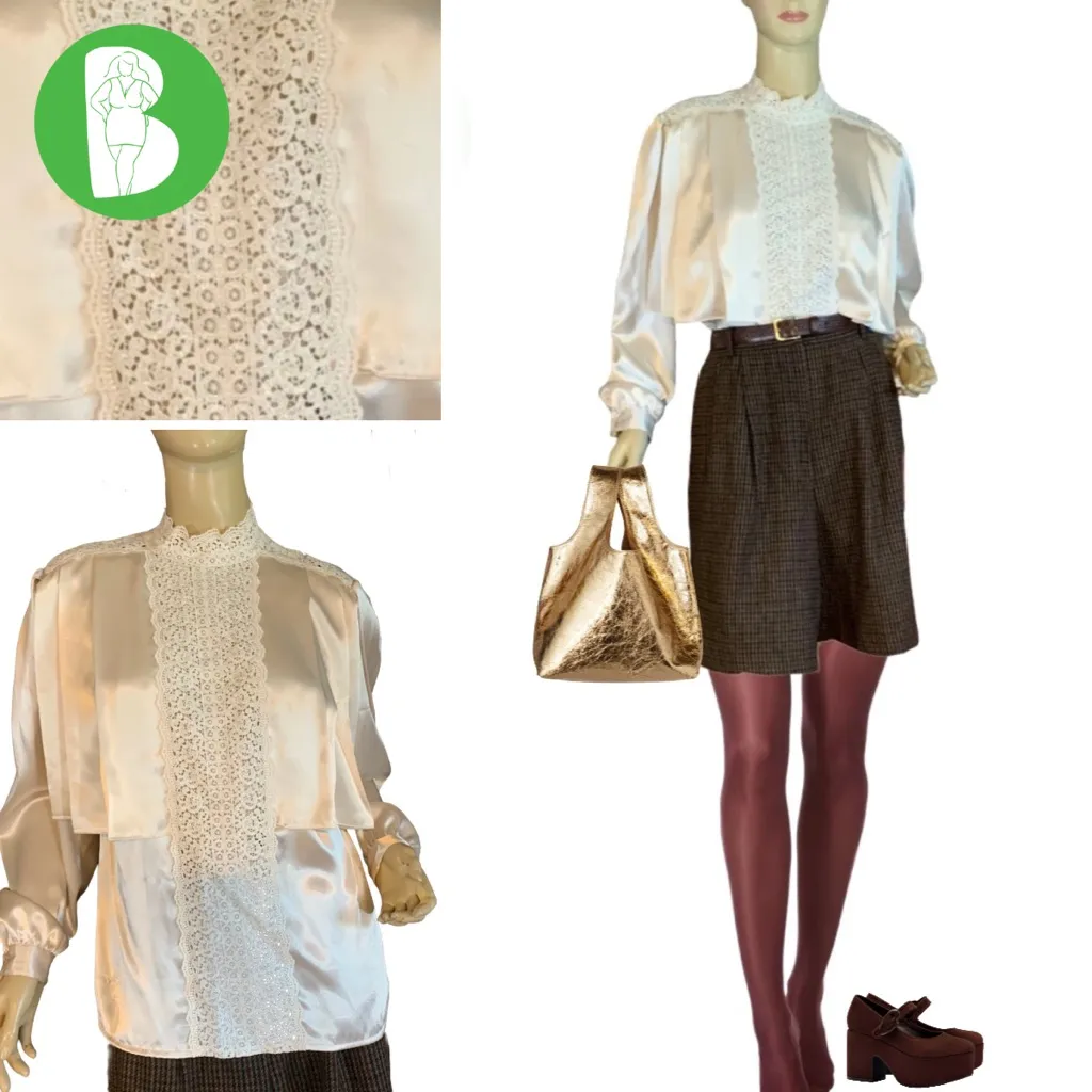 VINTAGE 1980'S SONYA RATAY FOR SAN ANDRE CREAM LACE & SATIN BLOUSE (S) - Image 2