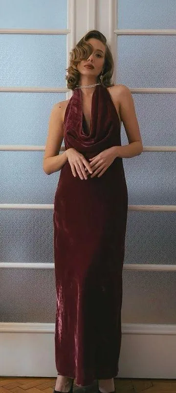 zara burgundy maxi dress Mattea Slinky And Mesh Maxi Dress With Scarf / Burgundy | MESHKI main image 1