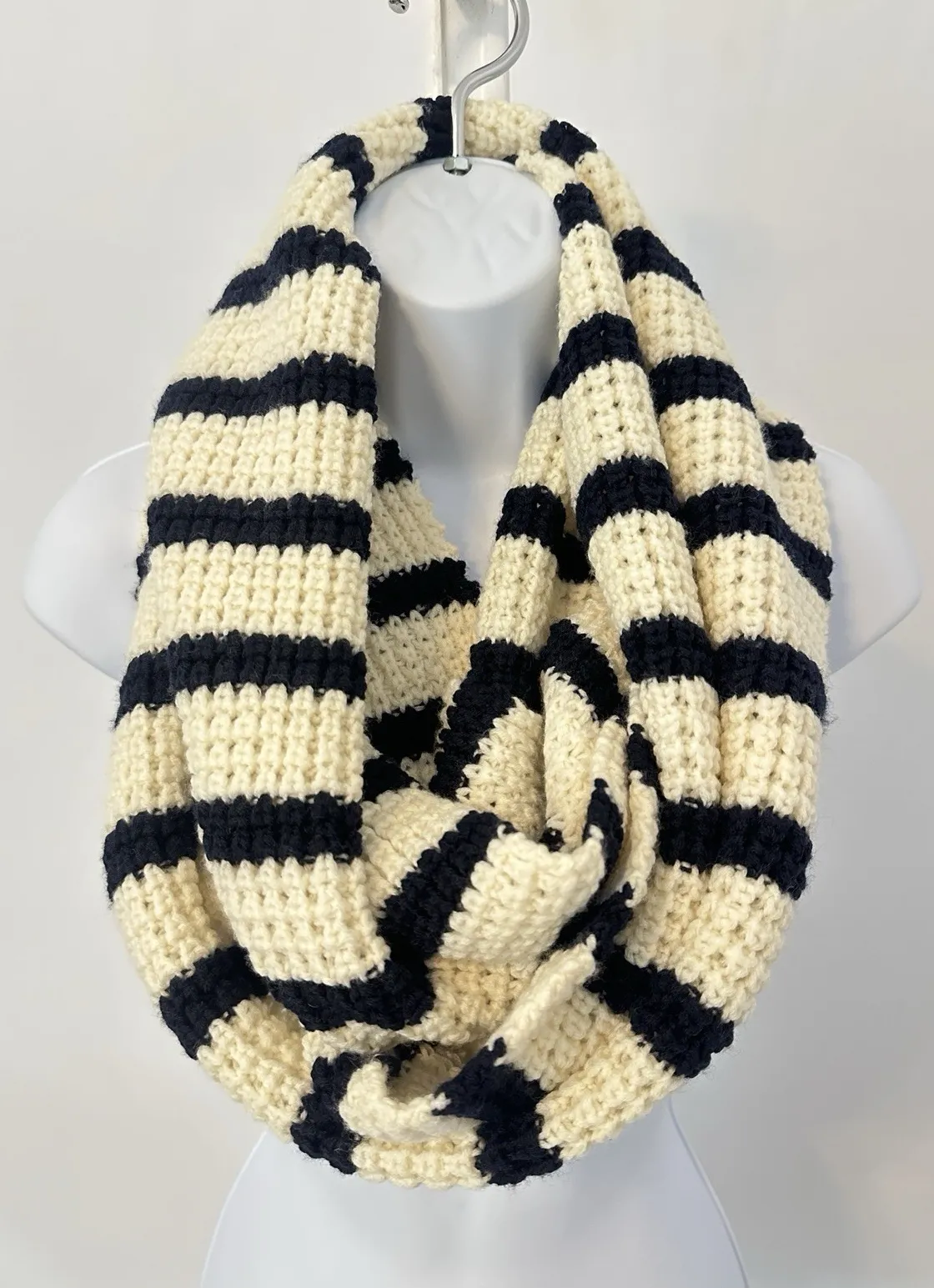 J.CREW Wool Infinity Scarf 12" x 70" Waffle Knit Black & Ivory Stripe (b7A) - Image 1