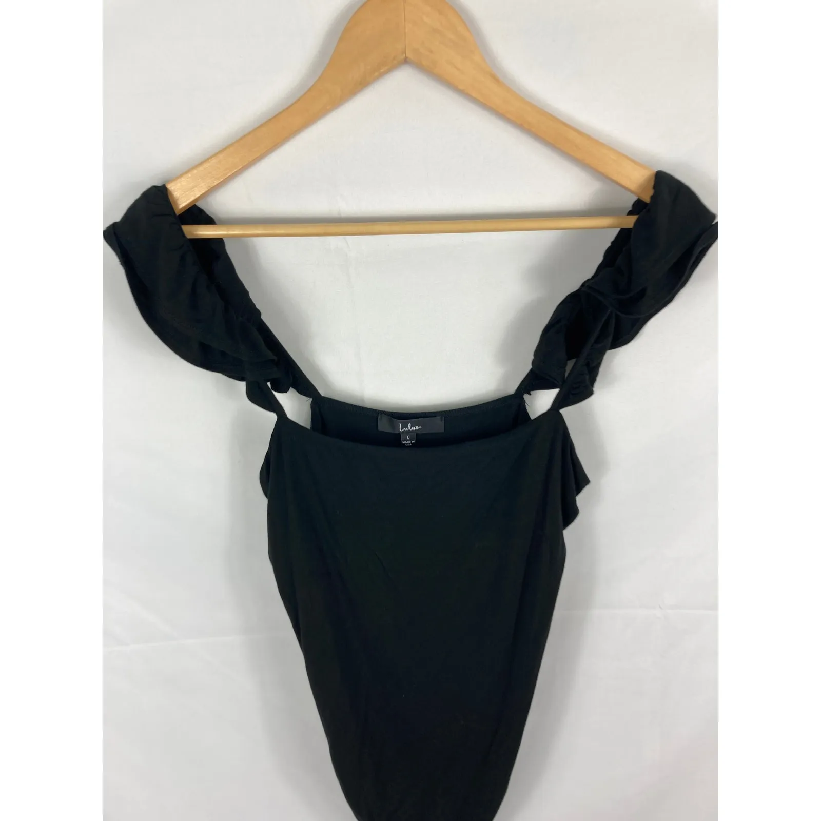 Lulus Black Ruffle Sleeve Ribbed Bodysuit Size Large - Image 2