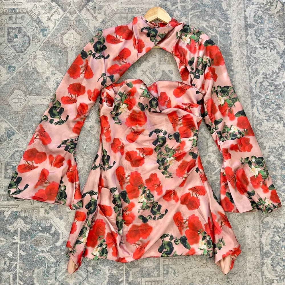 House Of CB Toira Satin Corset Dress with Bell Sleeves - Image 3