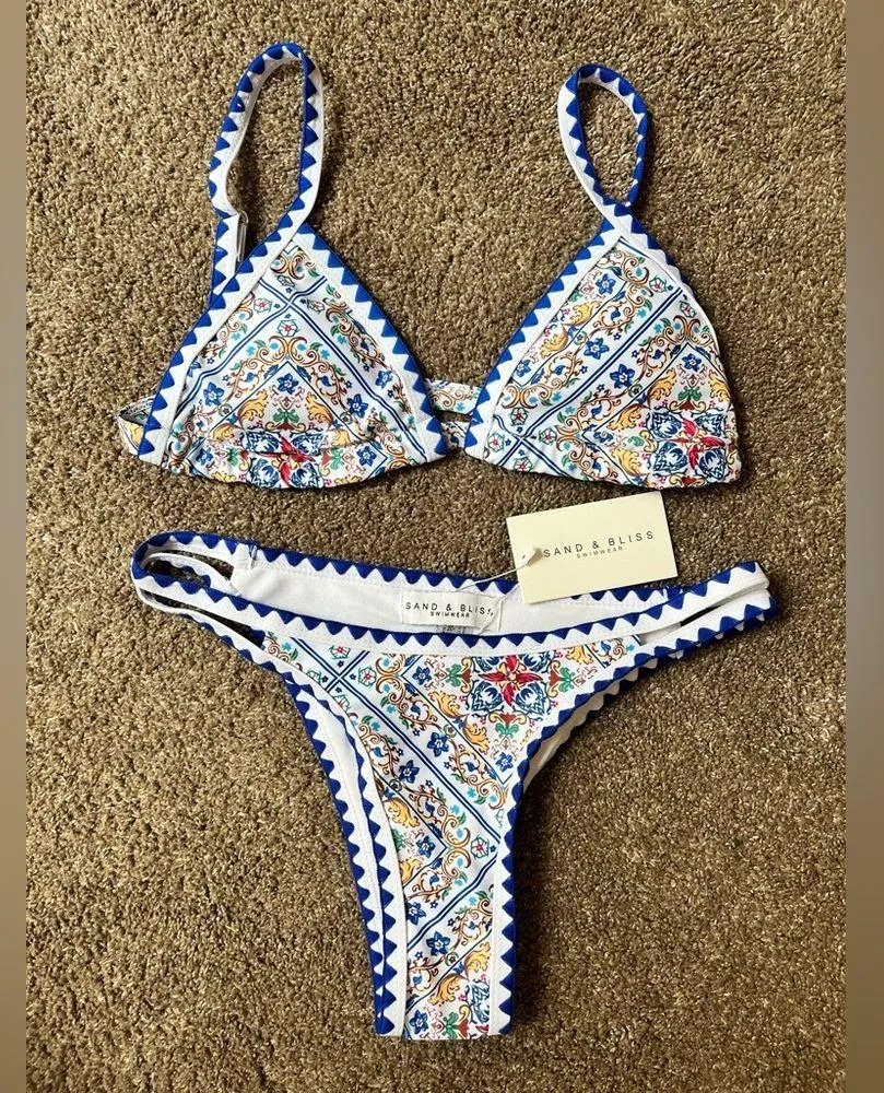 NEW Sand & Bliss Triangle High Cut Mosaic Bikini Blue - Image 5