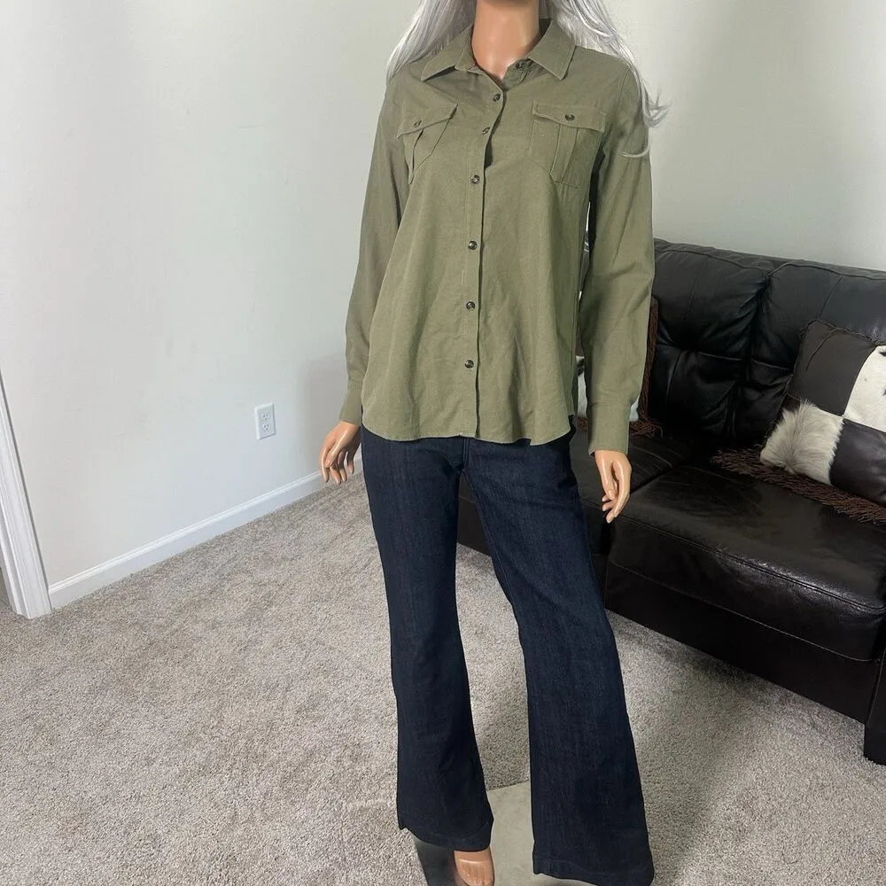 Tuckernuck Med Olive Steele Button Up Utility Blouse Shirt Linen Blend Forest - Image 13