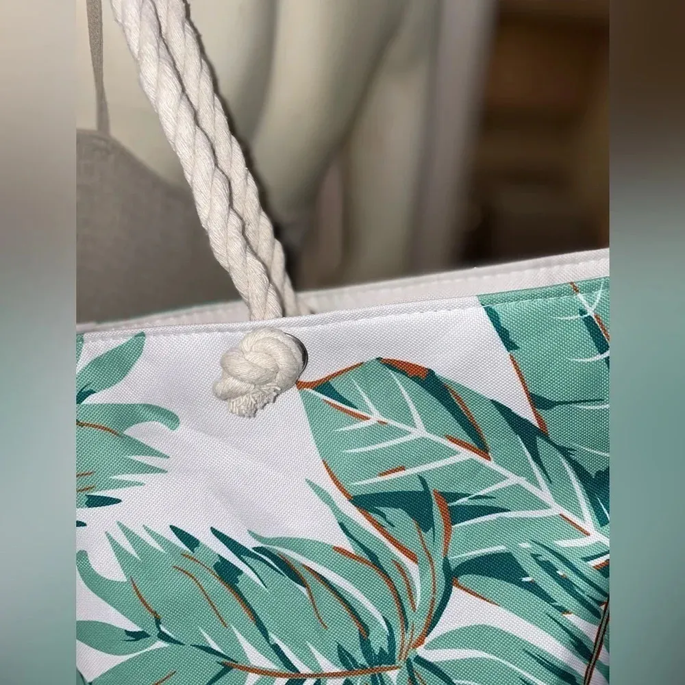 DONDON LARGE CANVAS PALM PRINT ZIP BEACH BACH TOTE WITH ROPE HANDLES WHITE MULTI - Image 7