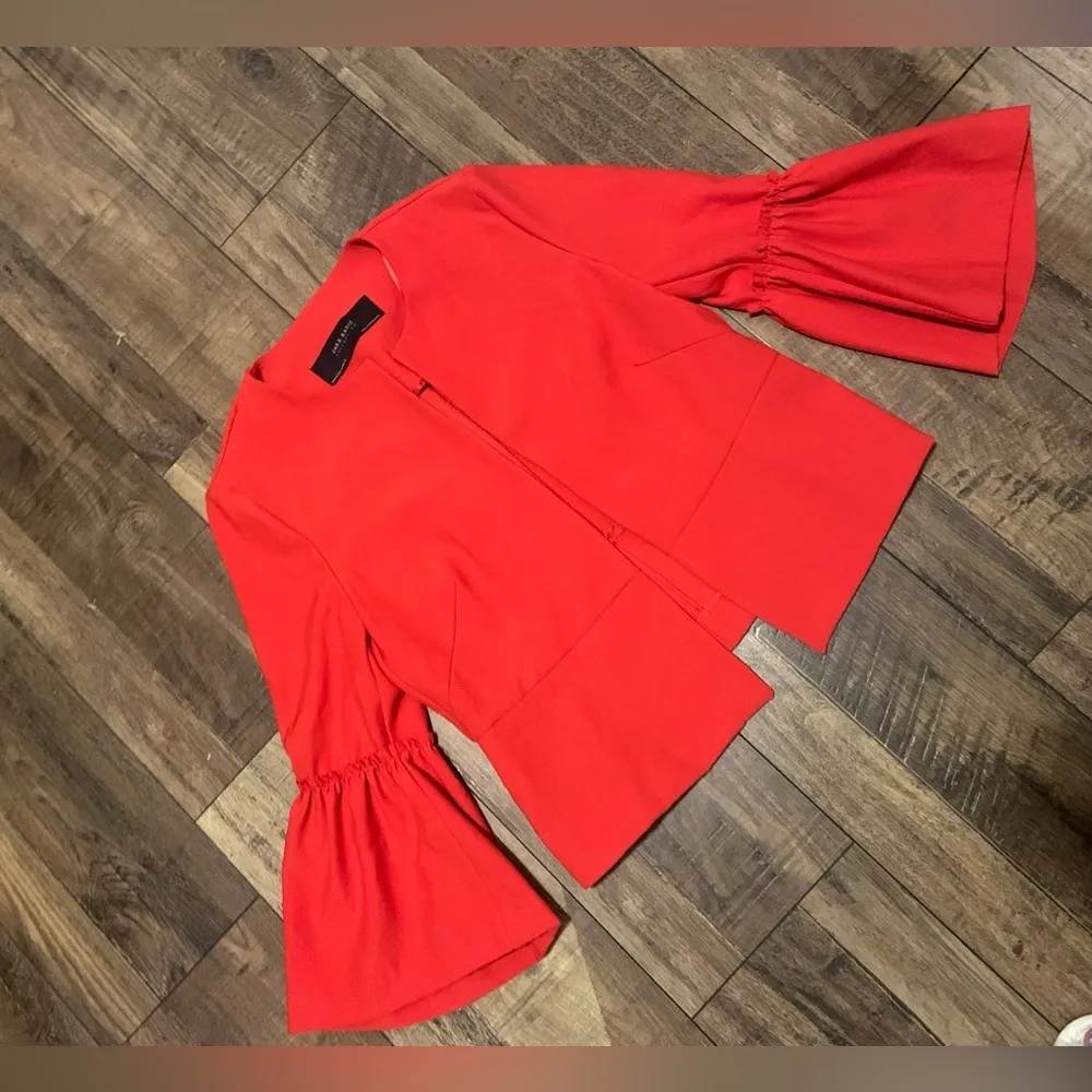 Zara red bell sleeve blazer medium nwot boho contemporary holiday classic - Image 2