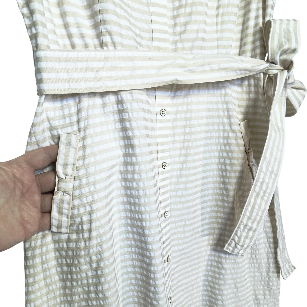 KATE SPADE NY Women’s Tan and White Striped Belted Shirt Dress size 12 - Image 3