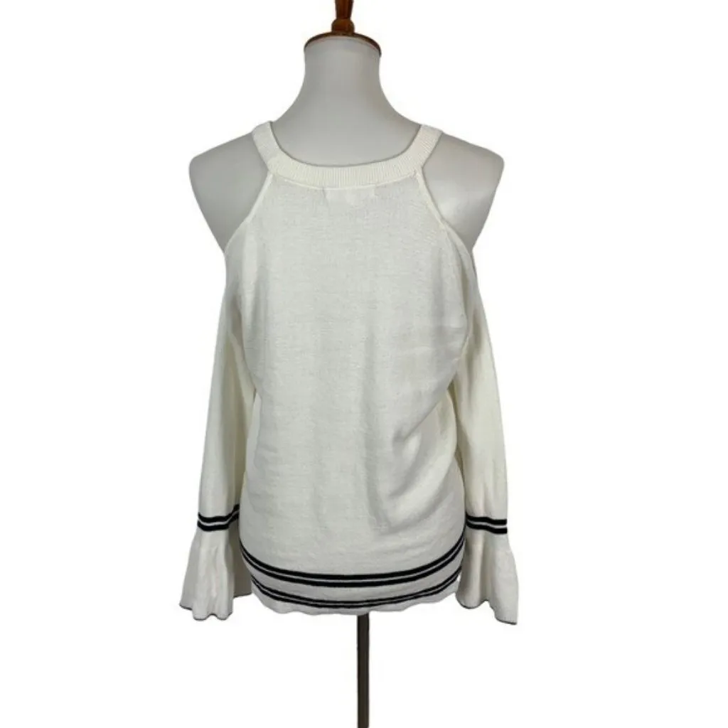 Honey Punch Cold Shoulder Knit Sweater Flare Sleeve White‎ Black Trim Small - Image 5