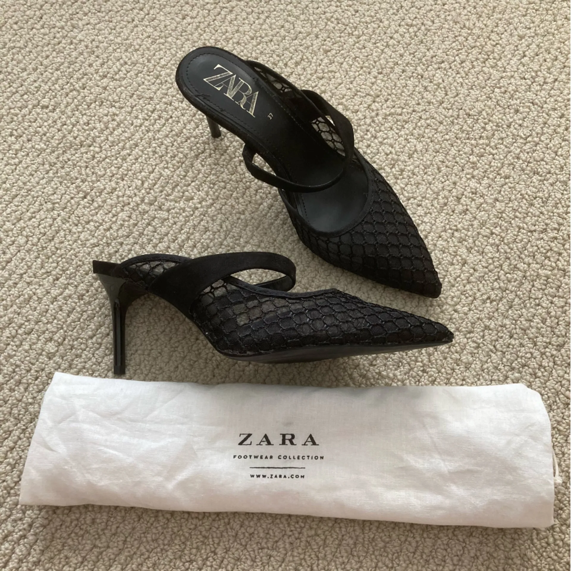 NEW Zara Black Mesh Women's Kitten Heels Size 37 with Dust Bag - Image 2