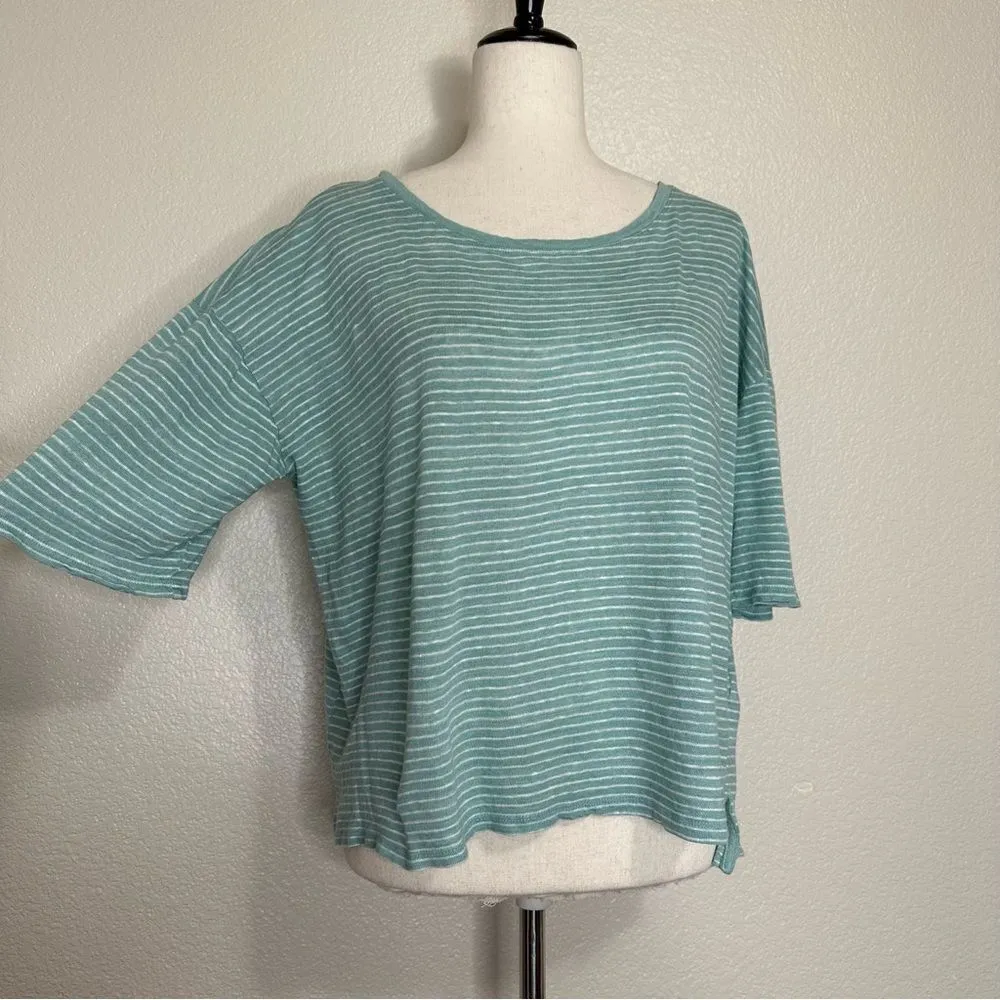 Nicole Miller 100% Linen Mint Green White Striped Short Sleeves Tee - Image 2