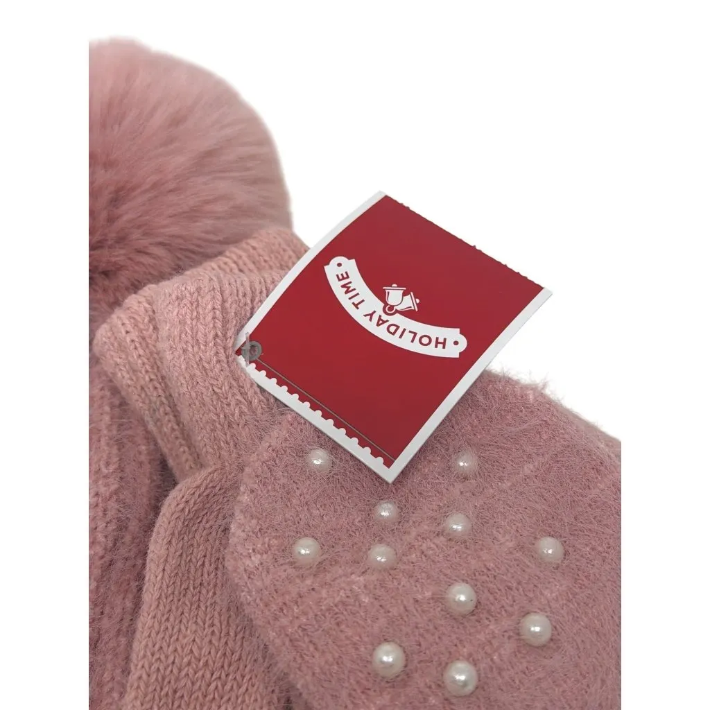 NWT Holiday Time Pink Pearl Pom-Pom Beanie, Fingerless Glove Set One Size Winter - Image 3