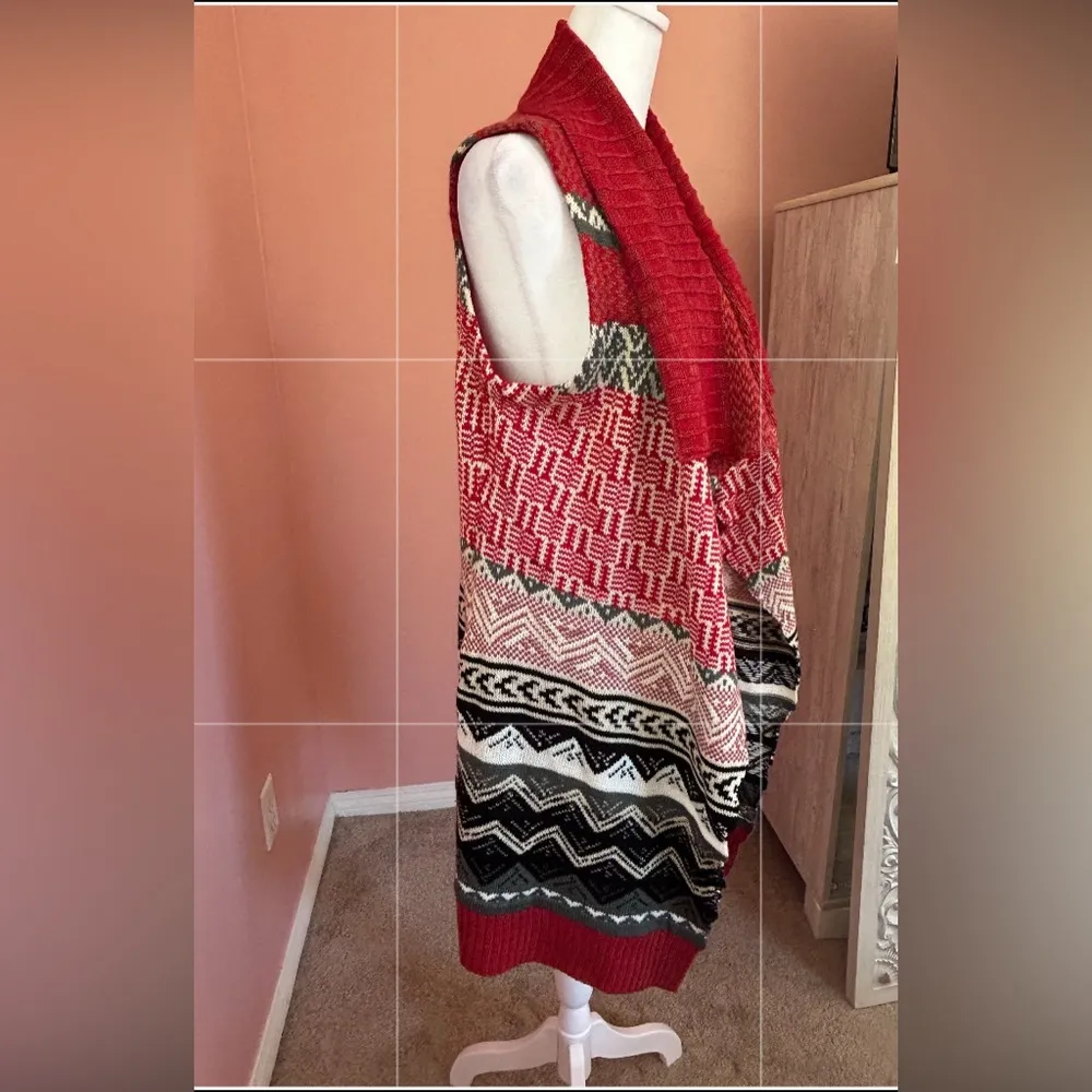 G.H.Bass&Co. sleeveless boho Aztec open front long asymmetrical hem cardigan SM Red - Image 5