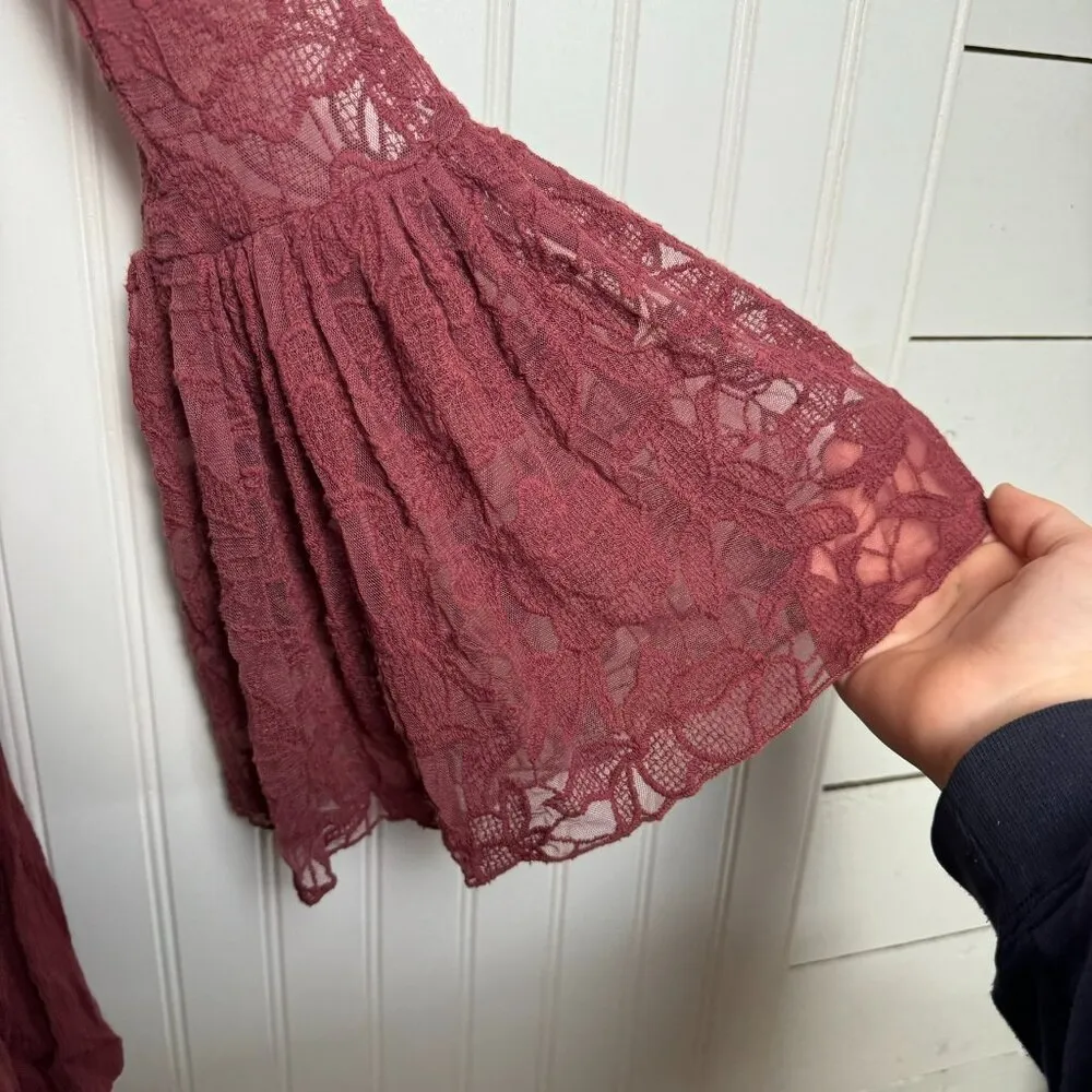Free People Burgundy Lace Bell Sleeve Mini Dress With Slip - Image 5