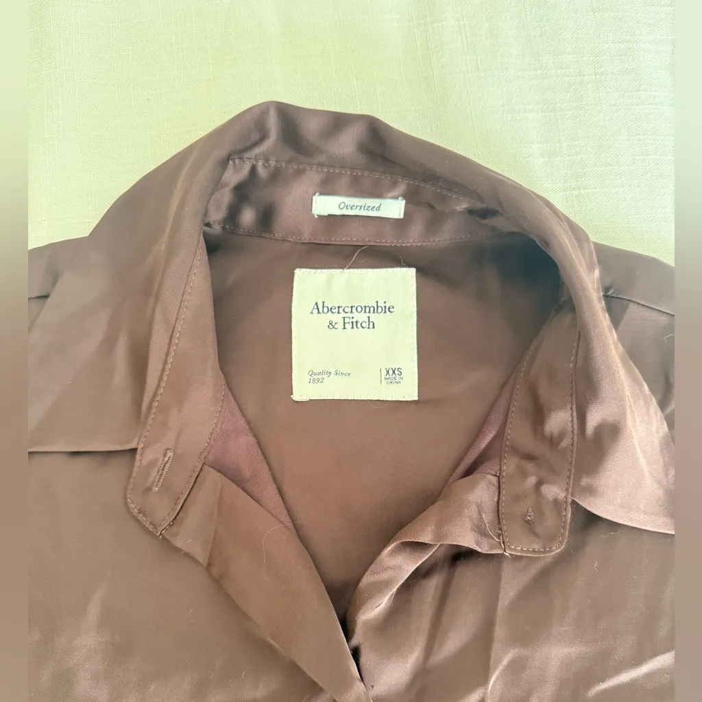 Abercrombie & Fitch Satin Overshirt Button Up Chocolate Brown Oversized Fit XXS - Image 3