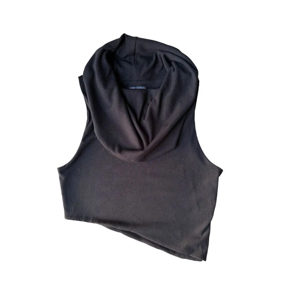Naked Wardrobe Ribbed Sleeveless Cowl neck Asymmetrical Crop Top In Black - Image 4