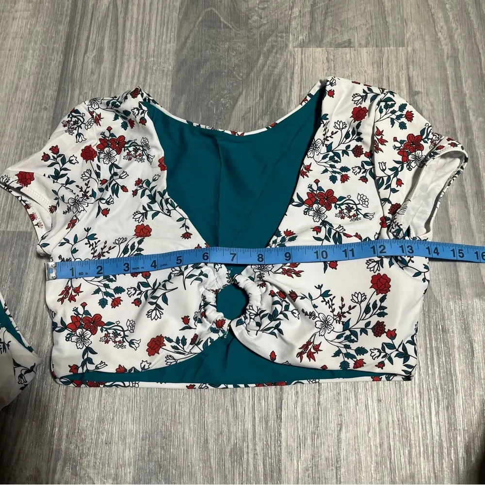 Zaful Teal Green White Floral Swim Suit Bikini Set; Medium - Image 7