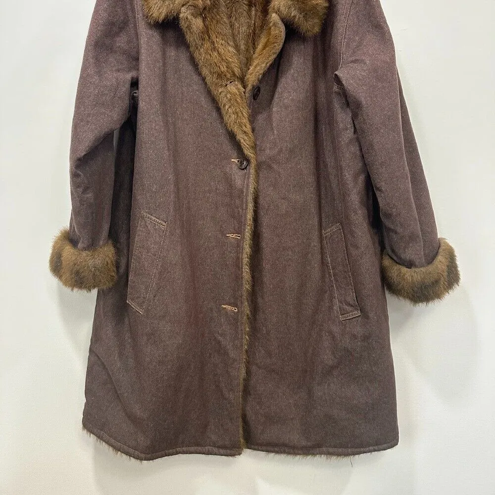 Denim‎ & Co Womens Jacket 1XL Brown Long Line Faux Fur Lined Penny Coat Button Size 1X - Image 3