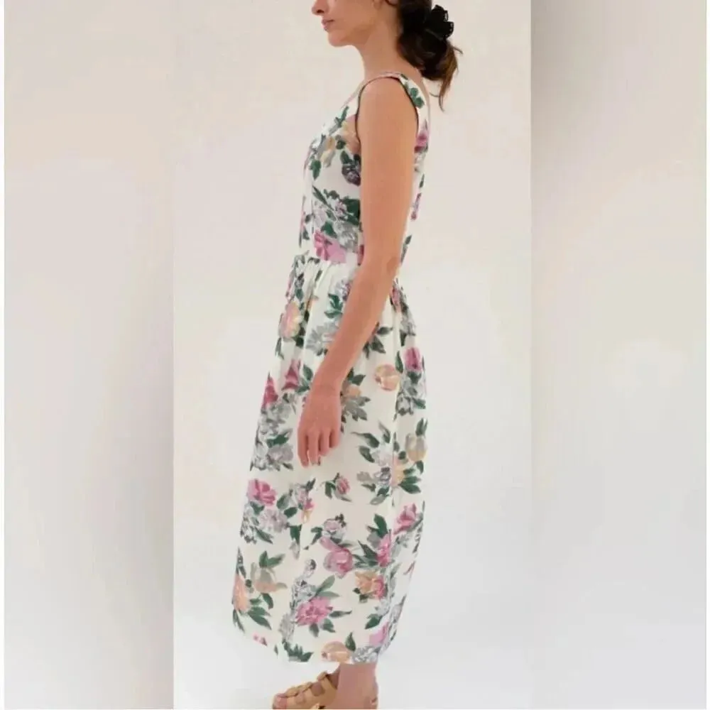 TACH x ANTHROPOLOGIE | Marita Linen Dress Floral Midi Dress Cottagcore | Small Pink - Image 3
