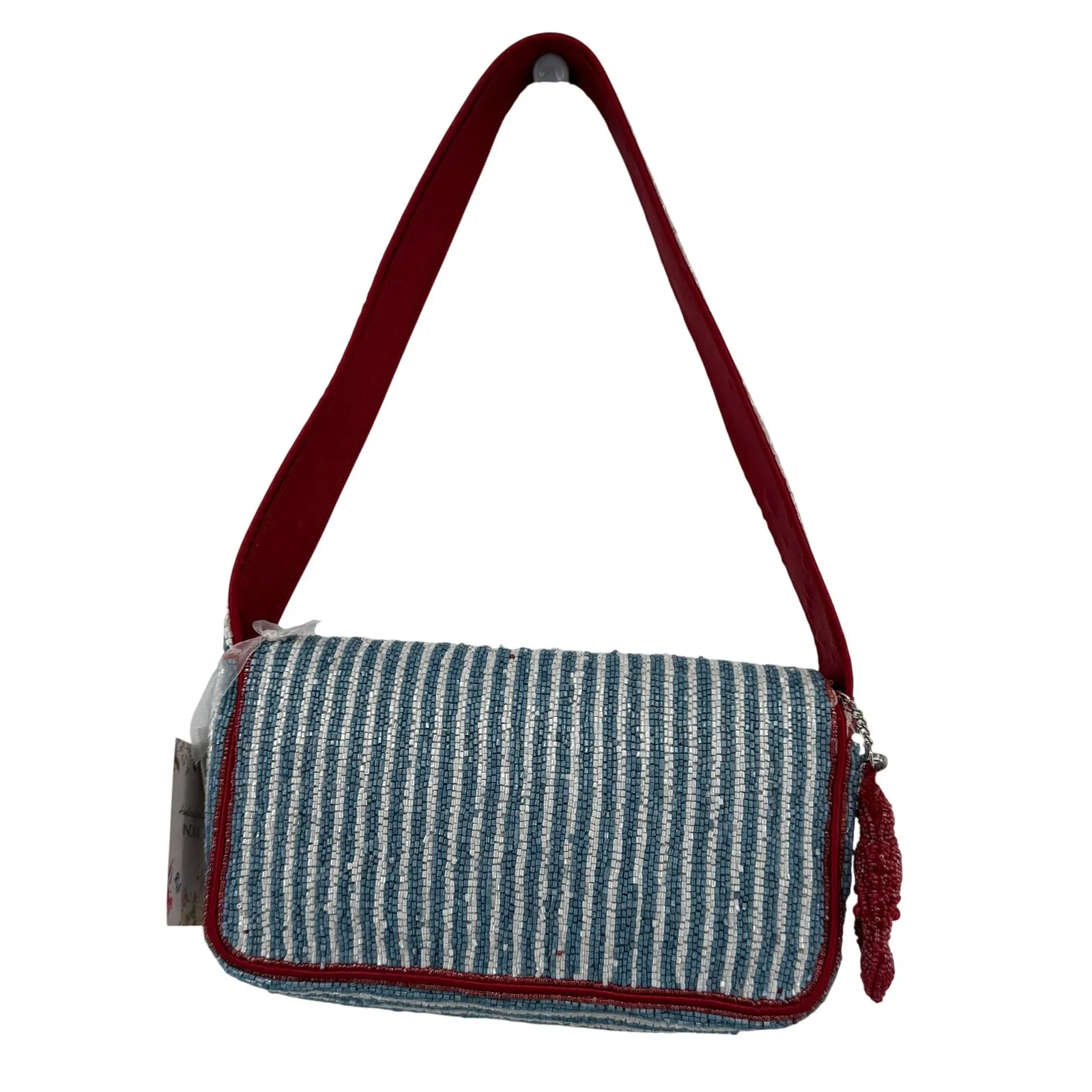Handcrafted Beaded Red Lobster Shoulder Bag Purse Blue White Striped India Made - Image 6