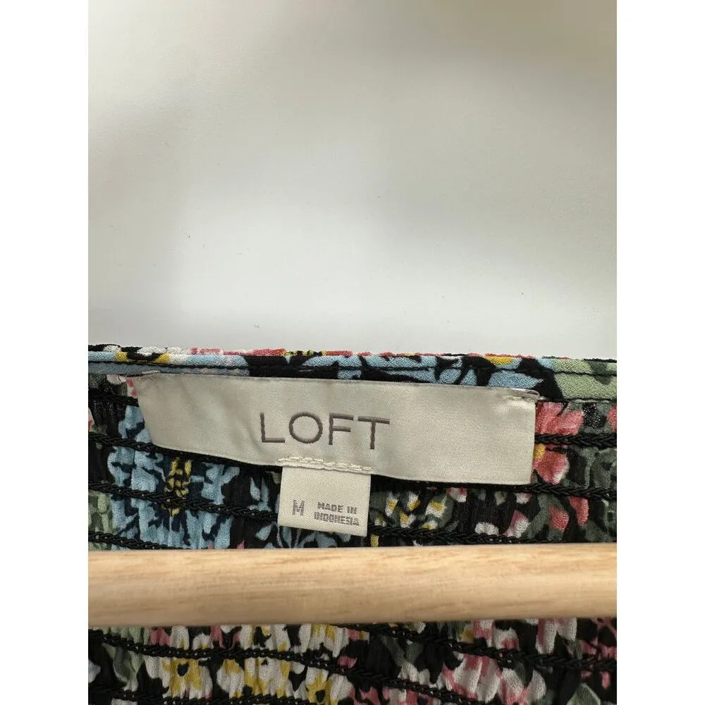 Loft Women Blouse Black Floral Ruffle Sheer Size Medium Dark Feminine Smocked - Image 6