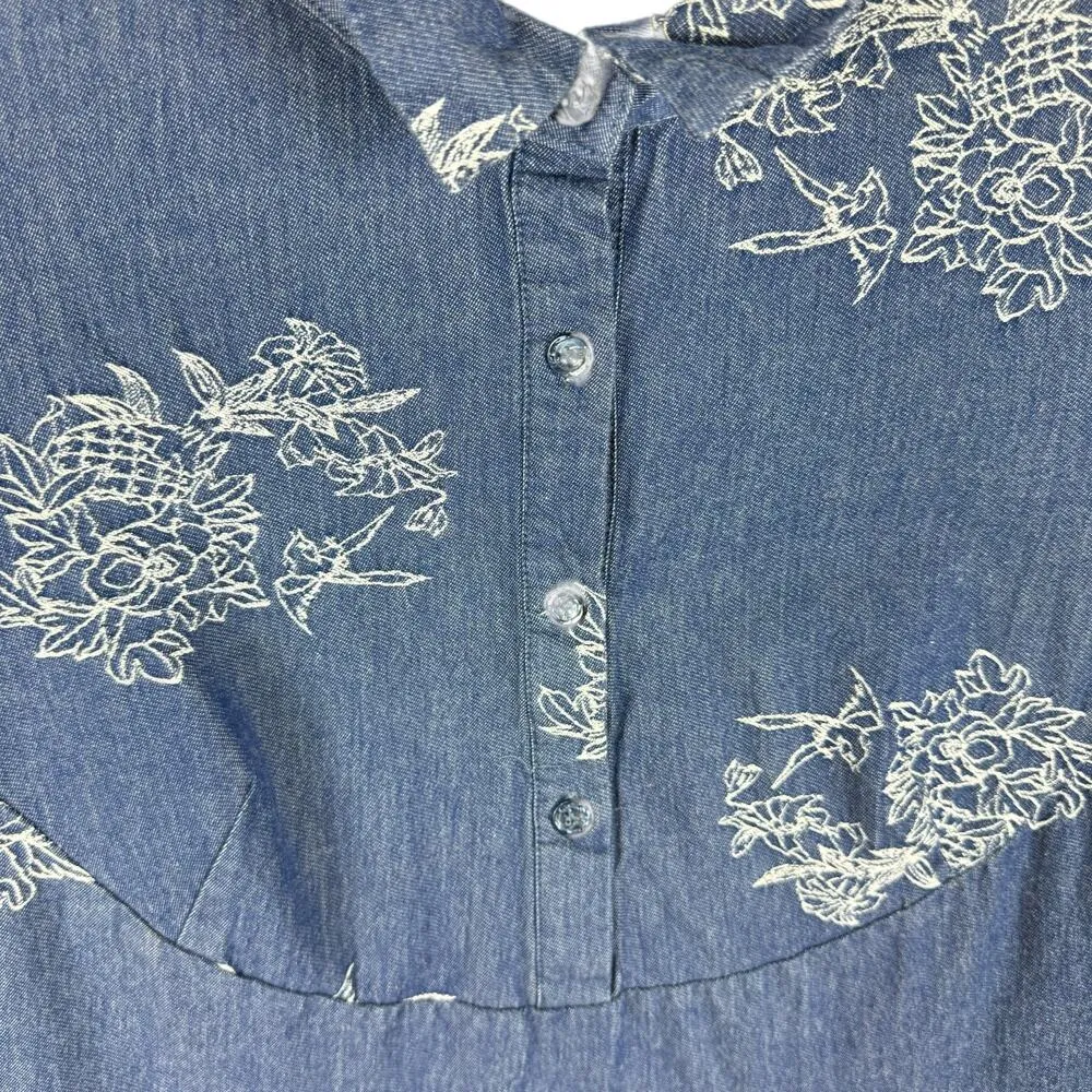 Nina Leonard Floral Embroidered Cuffed Sleeve Half Button Up Cotton Dress Sz 14 - Image 3