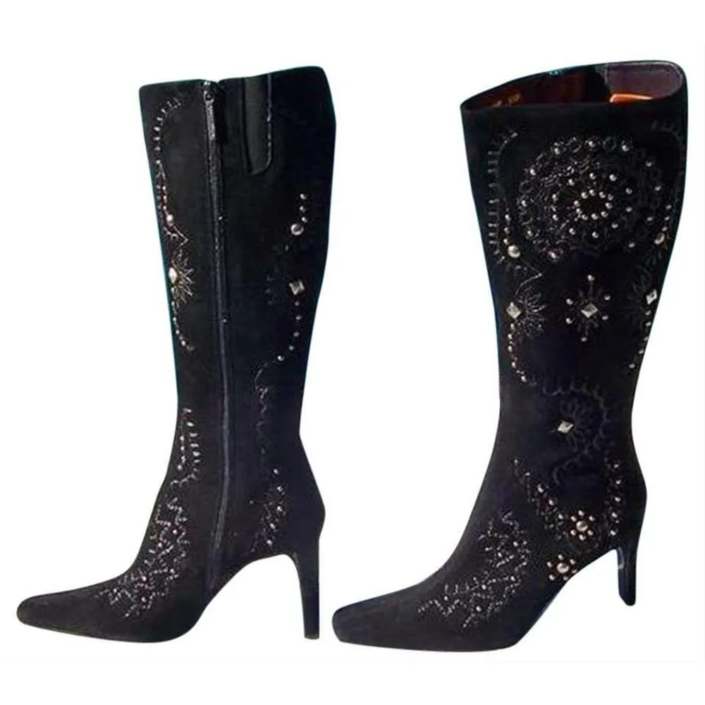 Donald Pliner Couture Suede Leather Boot Shoe New 7 Embroidery Grommets NIB $525 Black - Image 2