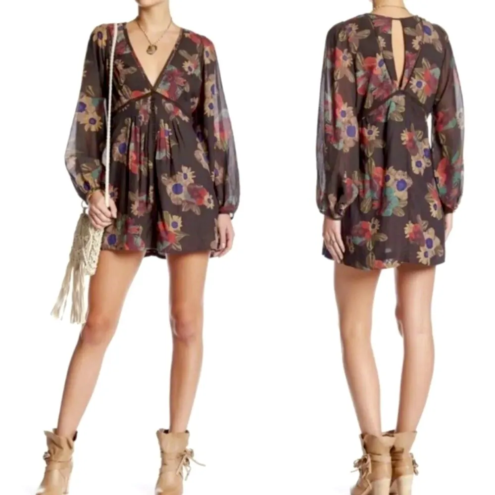 NWOT FREE PEOPLE Strawberry Fields Floral Tunic Dress Brown Long Sleeve Boho SM - Image 2