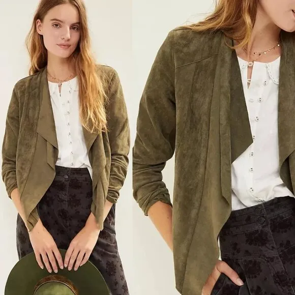 Suede Draped Waterfall Open Front Cardigan Cropped Jacket Olive Green Umgee - Image 2