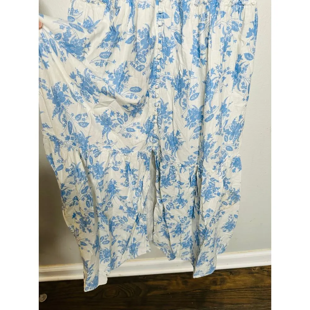 LoveShackFancy Blue White Floral Button Front Garnita Linen-Blend Maxi Dress 4 - Image 7