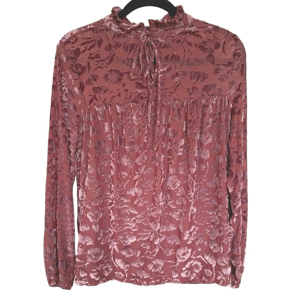 Rose Pink Velvet Burnout High Neck Victorian Smocked Modest Career Blouse Small - Image 3