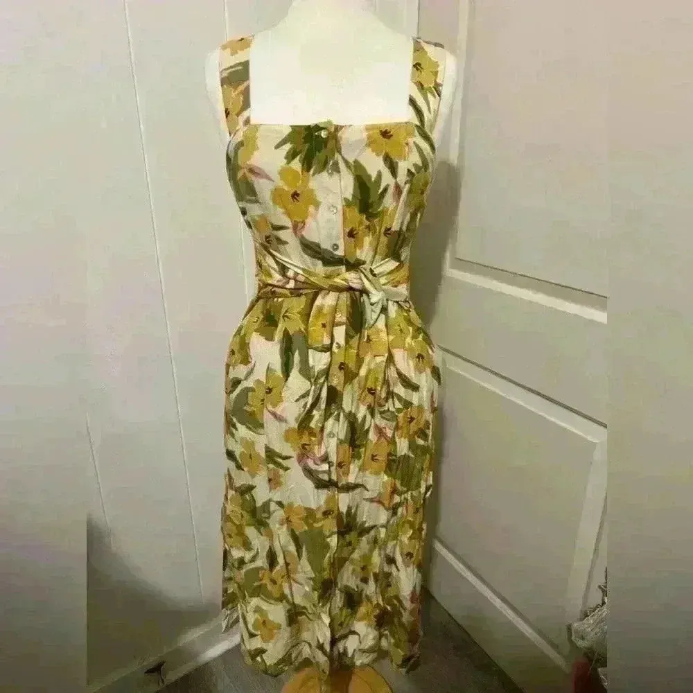 L Space $150 L*Space Mykonos Dress in Ibiza Yellow Floral Small Midi Linen Dress - Image 3