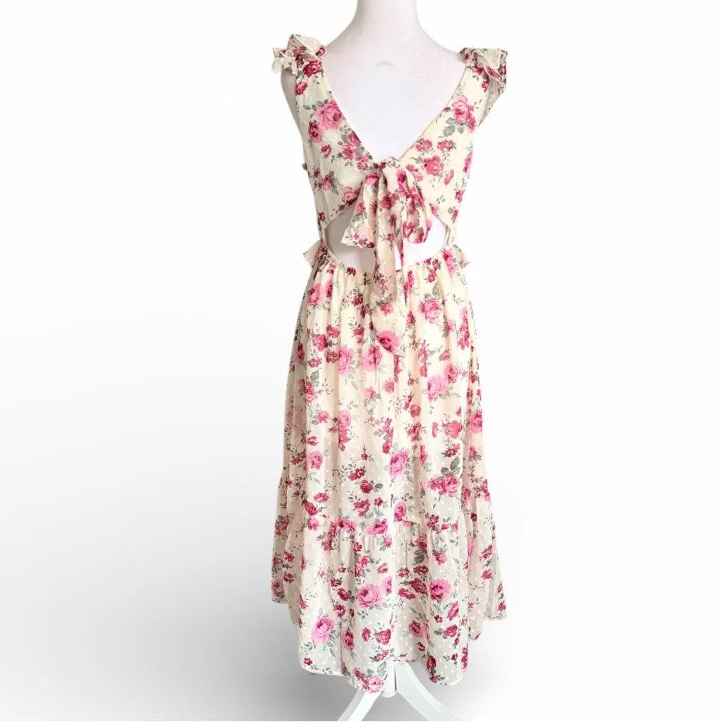 New Trixxi Cream and Pink Floral Maxi Dress Sz Medium - Image 3