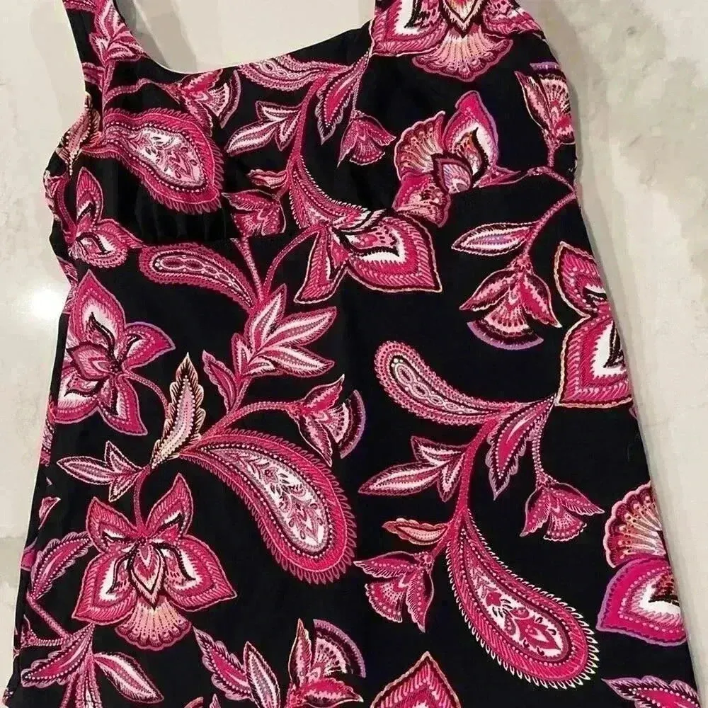 Lands End Bathing Suit Tankini Swim Top Black Pink Floral Paisley Print Womens 4 - Image 2