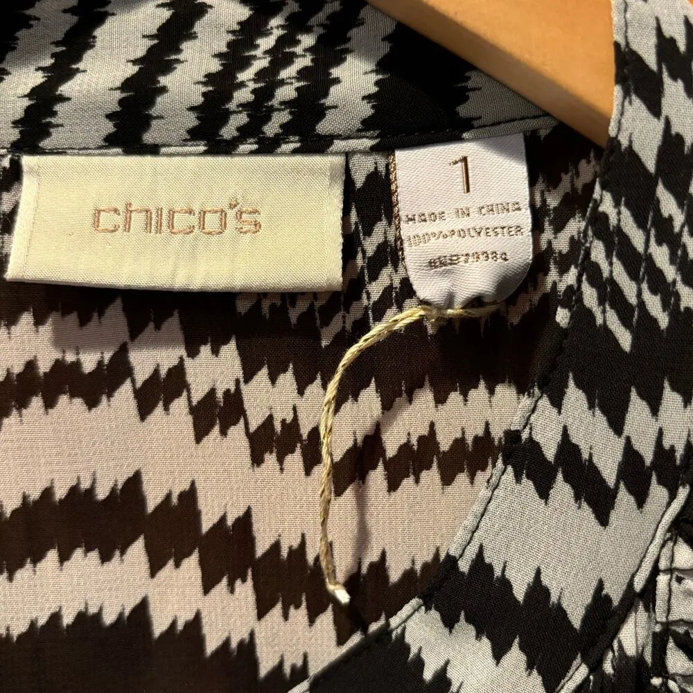 Chico's Top Women M Black White Modest Ruffle Casual Flow Peasant Top Classic - Image 3