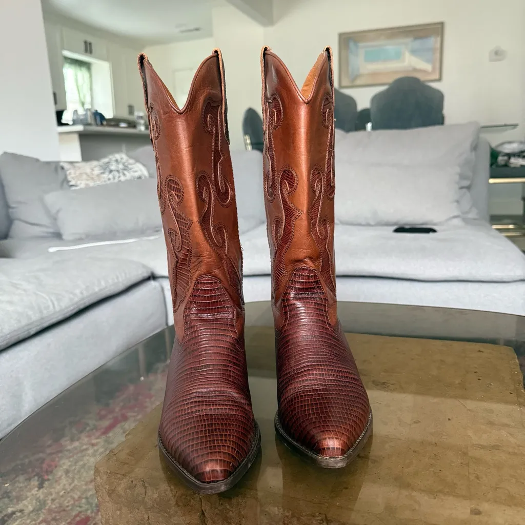 Vintage Nine West Romnee Lizard Pointed Toe Western Leather Boots in Brown 7.5 - Image 2
