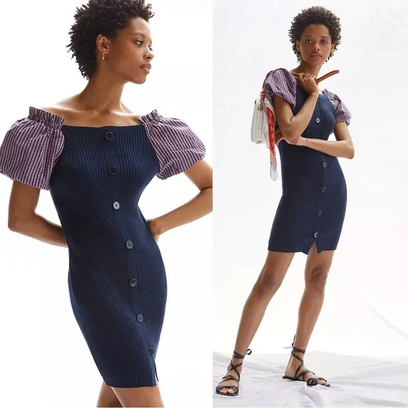 Maeve • Anthro Puff-Sleeve Mini Dress ribbed sweater gingham sleeves button - Image 2