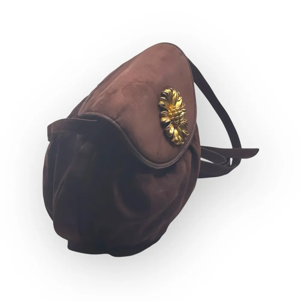 Y2K: Robert Lee Morris 𑁍 Gold Plated Brass Floral Medallion Clutch Crossbody Bag Brown - Image 2